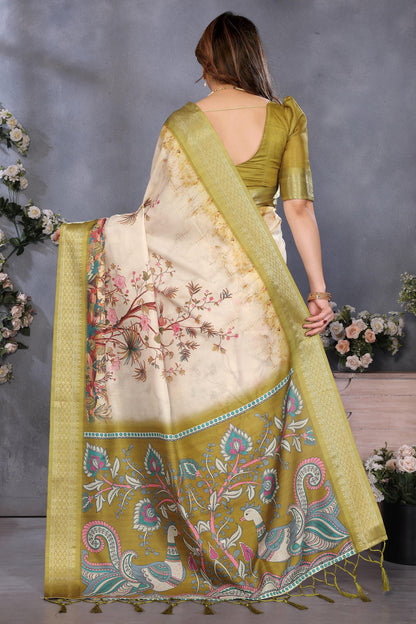 Olive Green Colour Cotton Silk Printed Saree