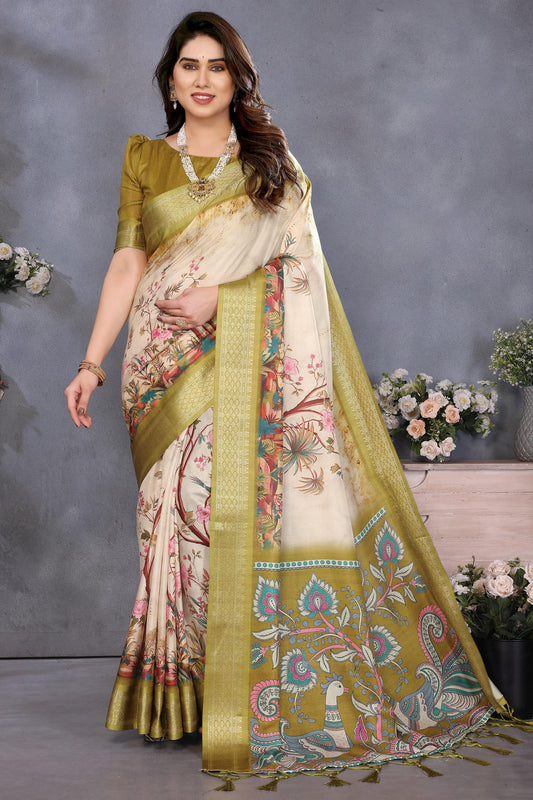 Olive Green Colour Cotton Silk Printed Saree