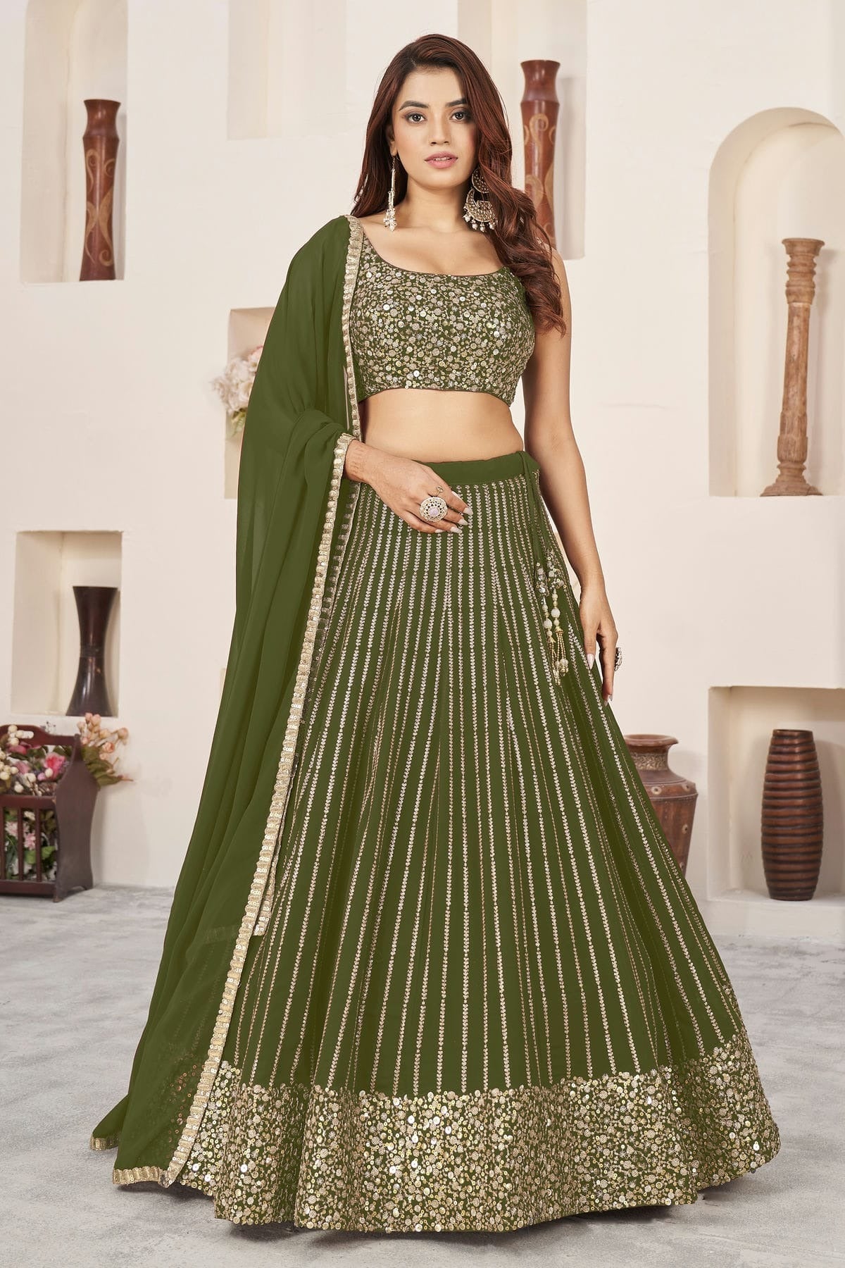 Olive Green Colour Georgette Lehenga Choli LC1010269