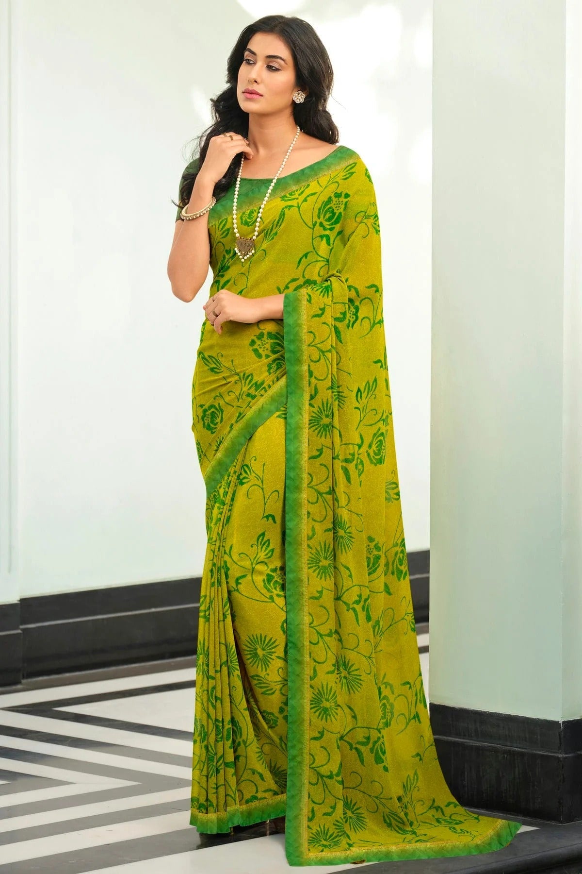 Olive Green Colour Georgette Printed Saree SD1180051