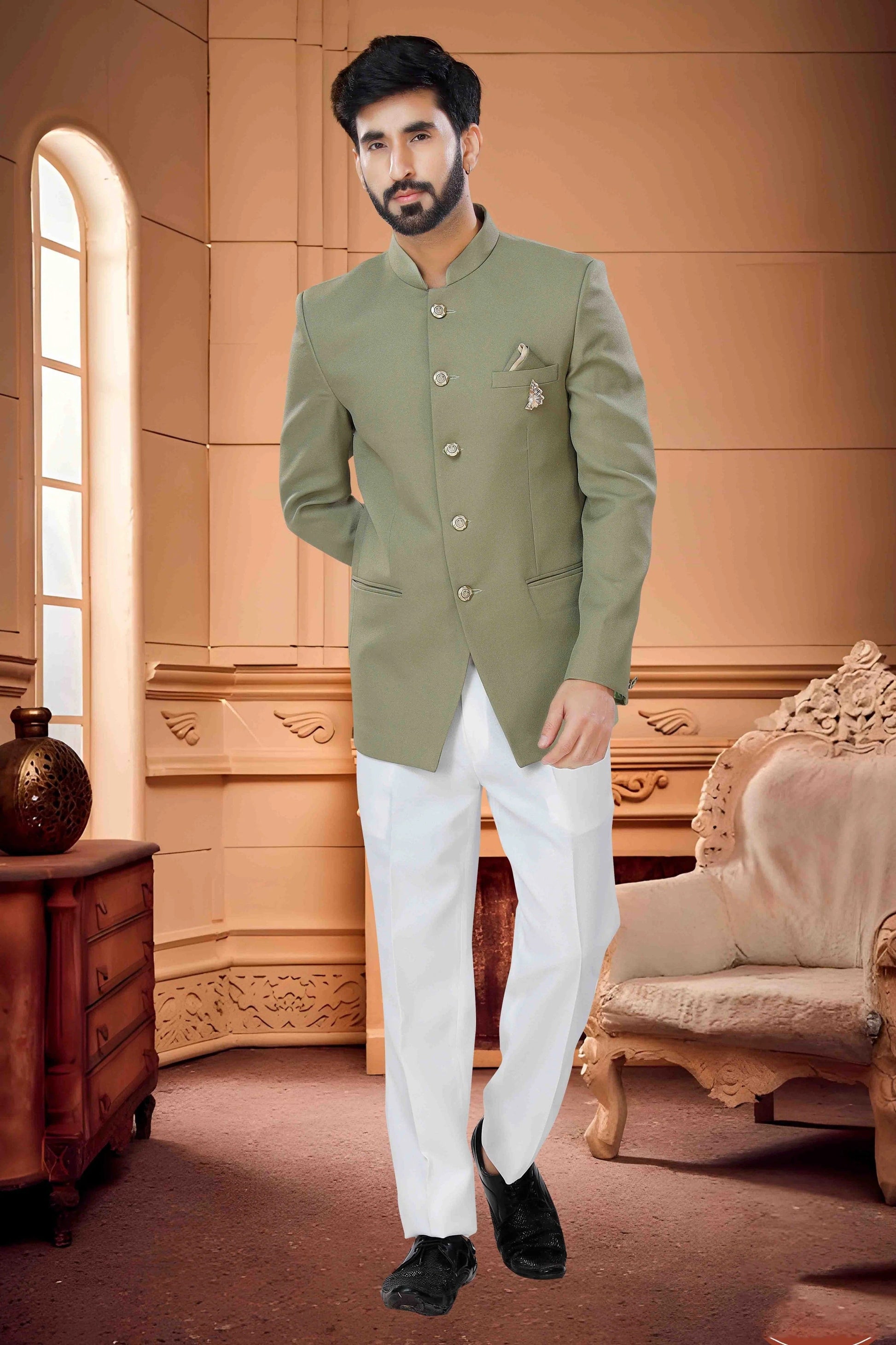 Olive Green Colour Jodhpuri In Terry Rayon Fabric JP1130148