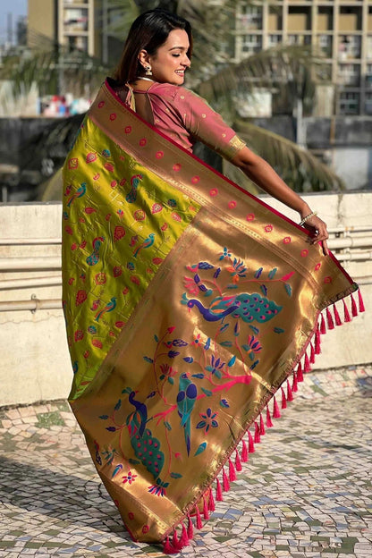 Olive Green Colour Meenakari Work Soft Silk Paithani Sarees SD1113368 A
