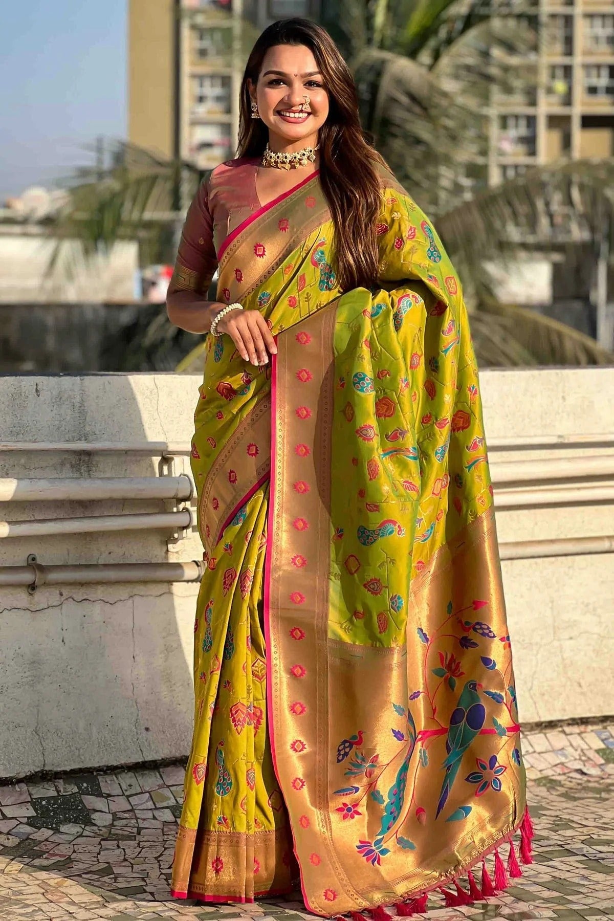 Olive Green Colour Meenakari Work Soft Silk Paithani Sarees SD1113368