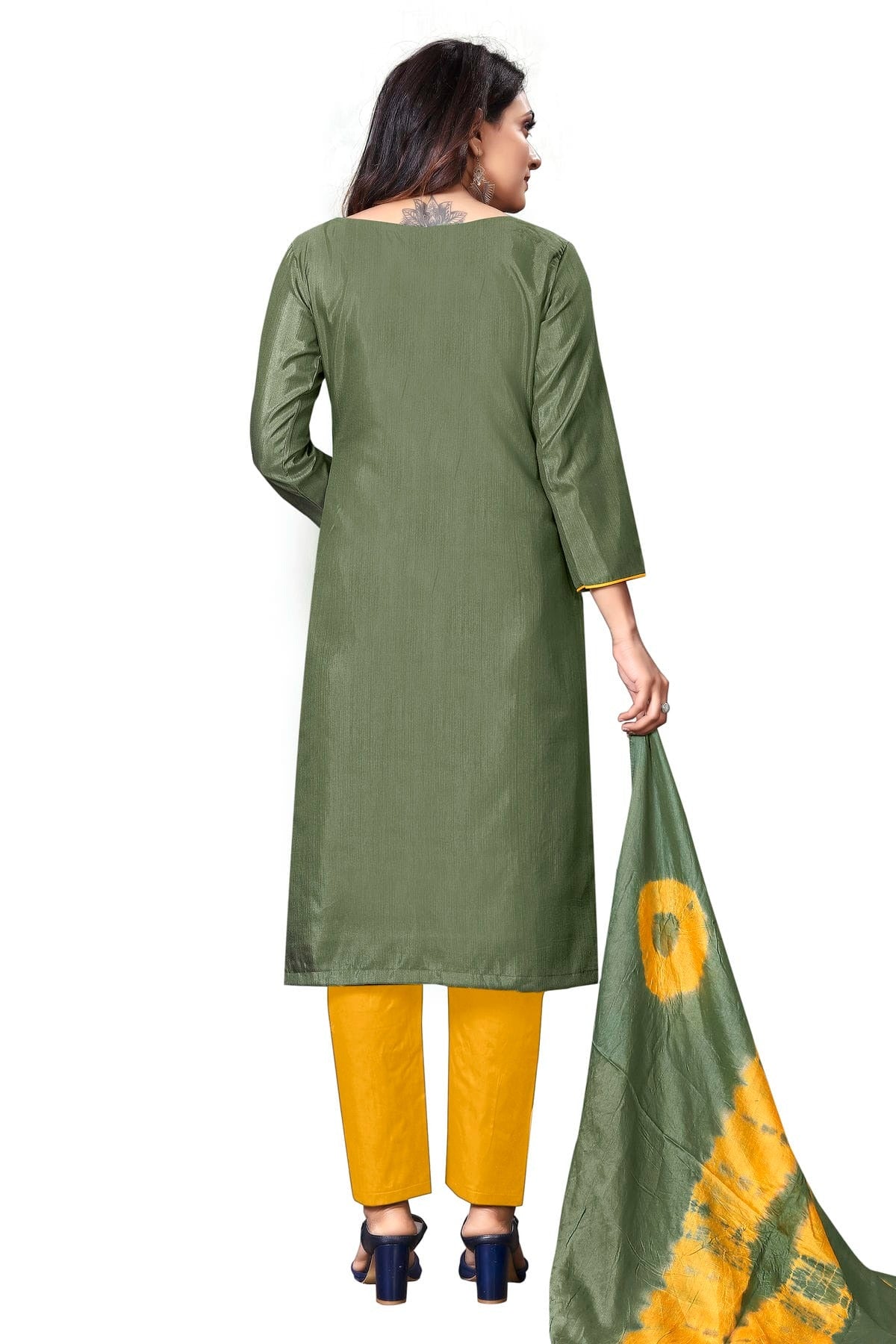 Olive Green Colour Unstitched Silk Straight Suit US1160644 A
