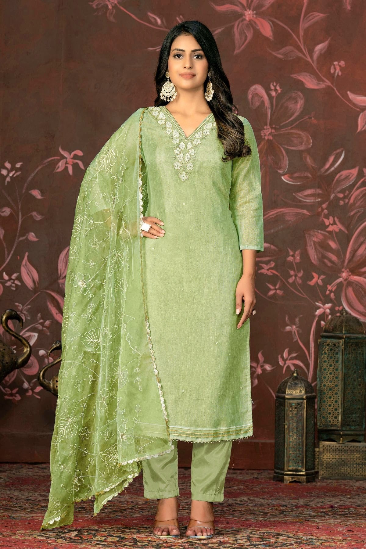 Olive Green Colour Unstitched Simmar Cotton Pant Style Suit US1161312
