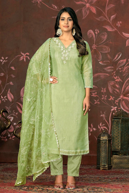Olive Green Colour Unstitched Simmar Cotton Pant Style Suit US1161312