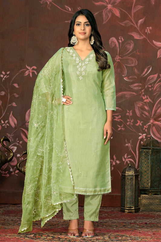 Olive Green Colour Unstitched Simmar Cotton Pant Style Suit US1161312
