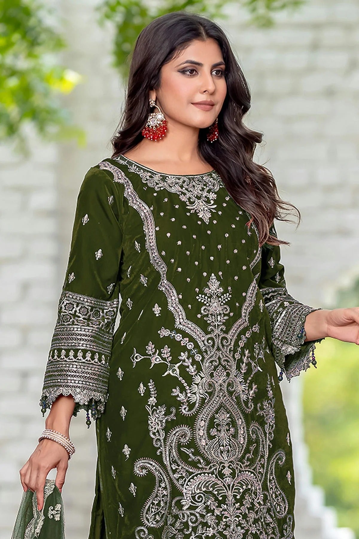 Olive Green Colour Velvet Semi Stitched Pakistani Suit SM1250212 A