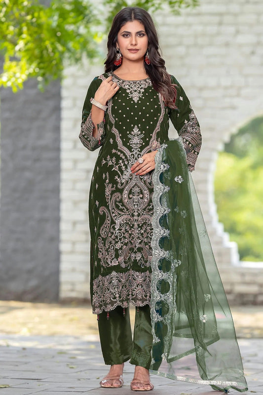 Olive Green Colour Velvet Semi Stitched Pakistani Suit SM1250212