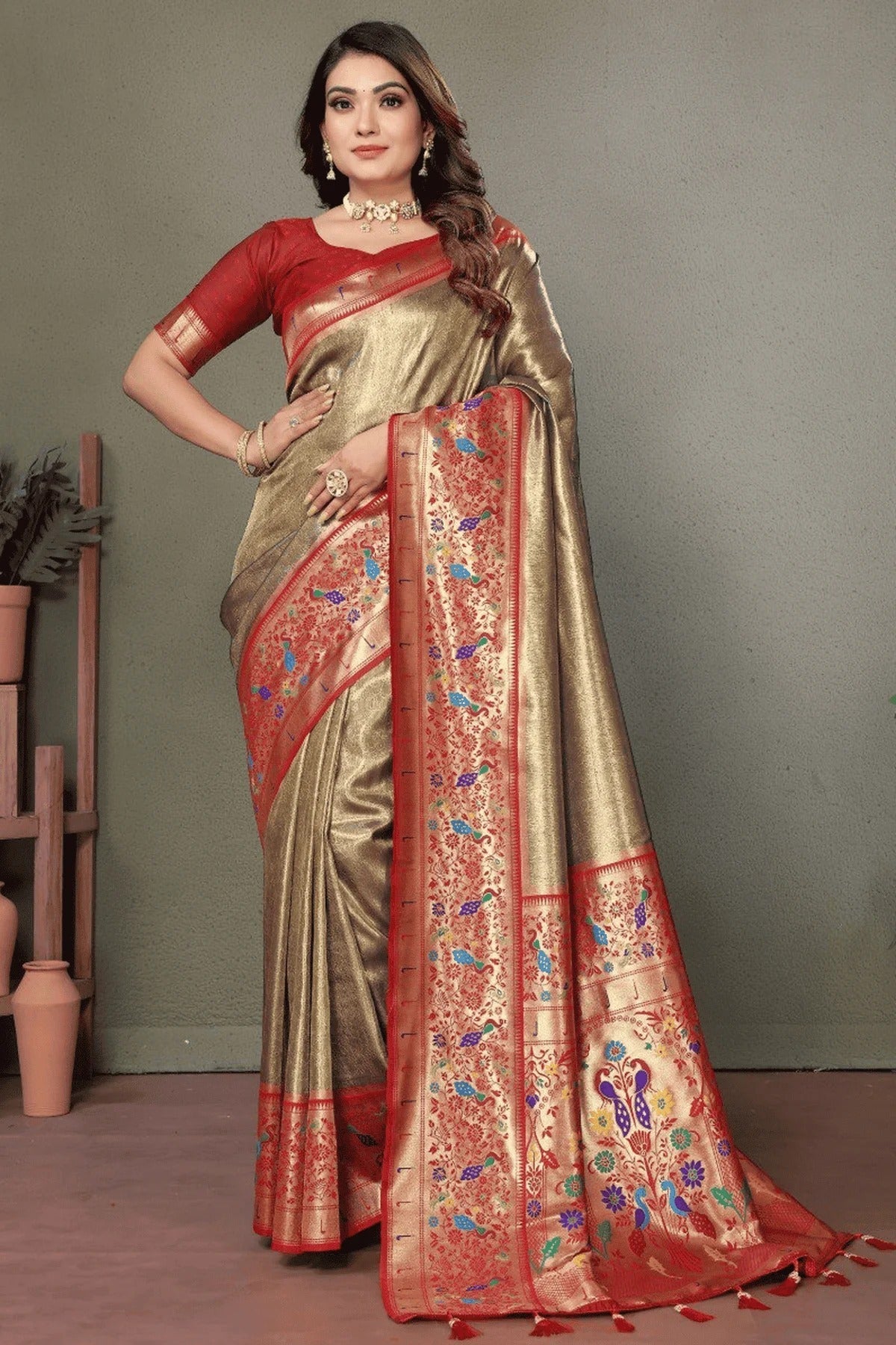 Olive Green Colour Woven Work Pure Banarasi Tissue Silk Traditional Saree SD1250267