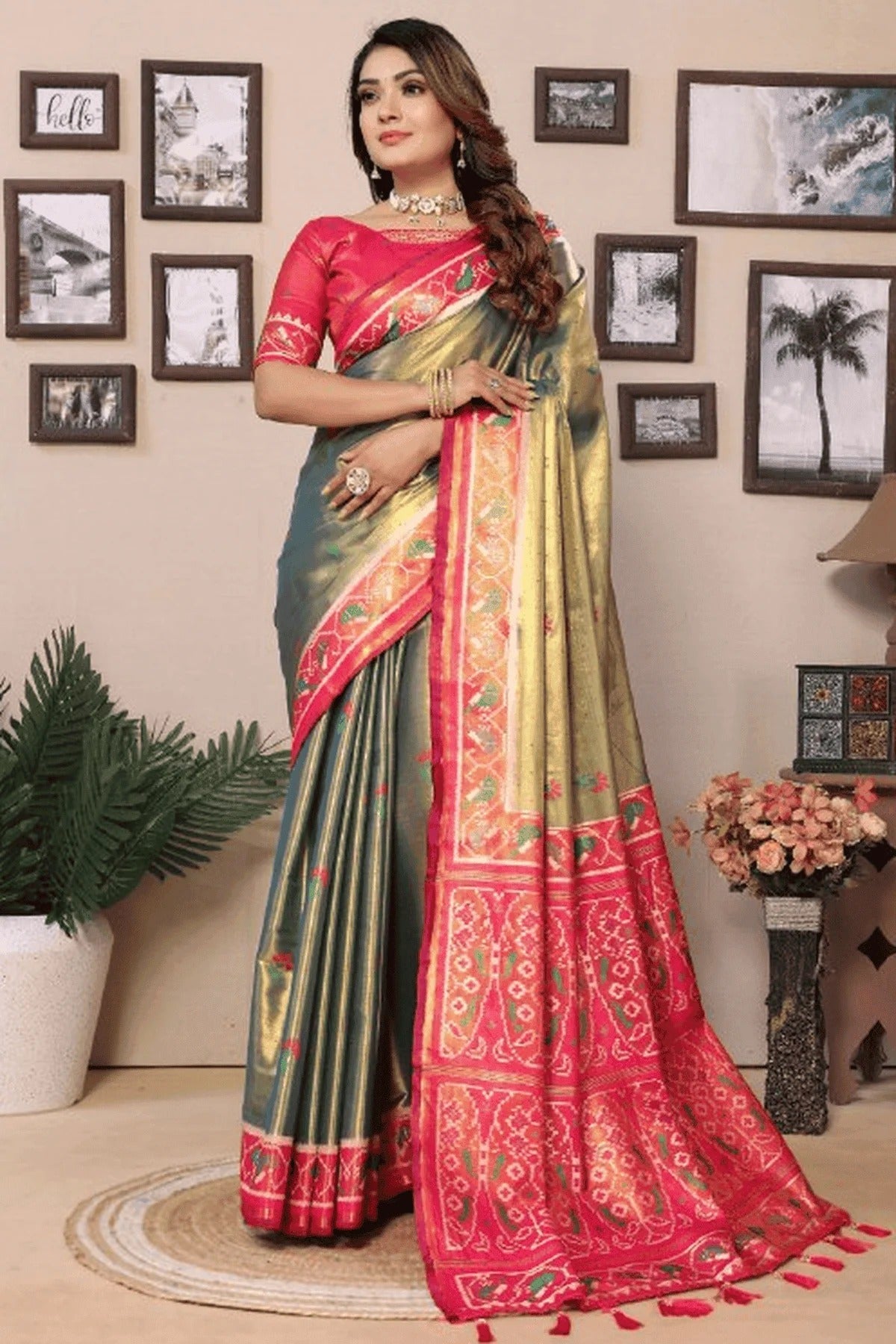 Olive Green Colour Woven Work Pure Banarasi Tissue Silk Traditional Saree SD1250292