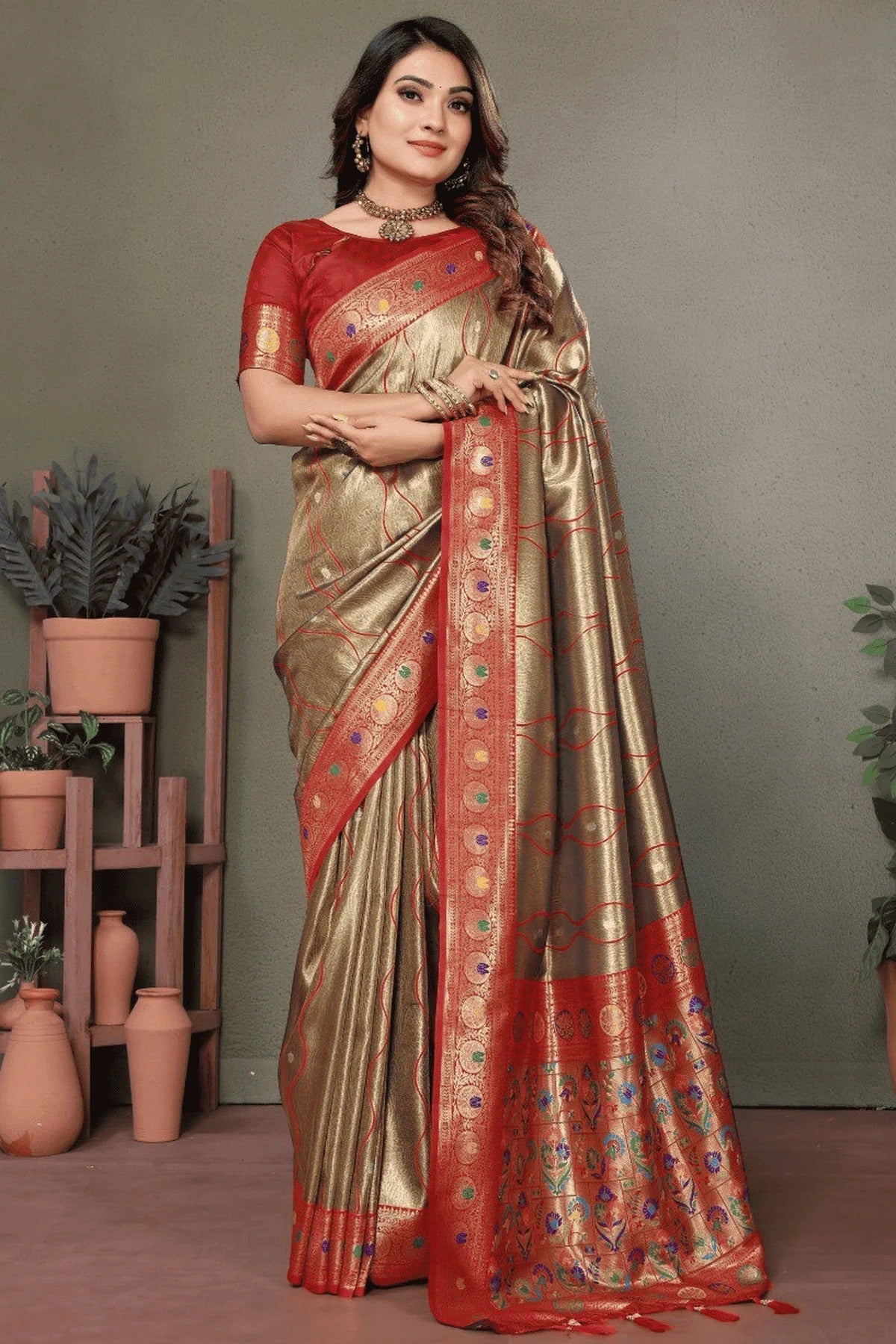 Olive Green Colour Woven Work Pure Banarasi Tissue Silk Traditional Saree SD1250318