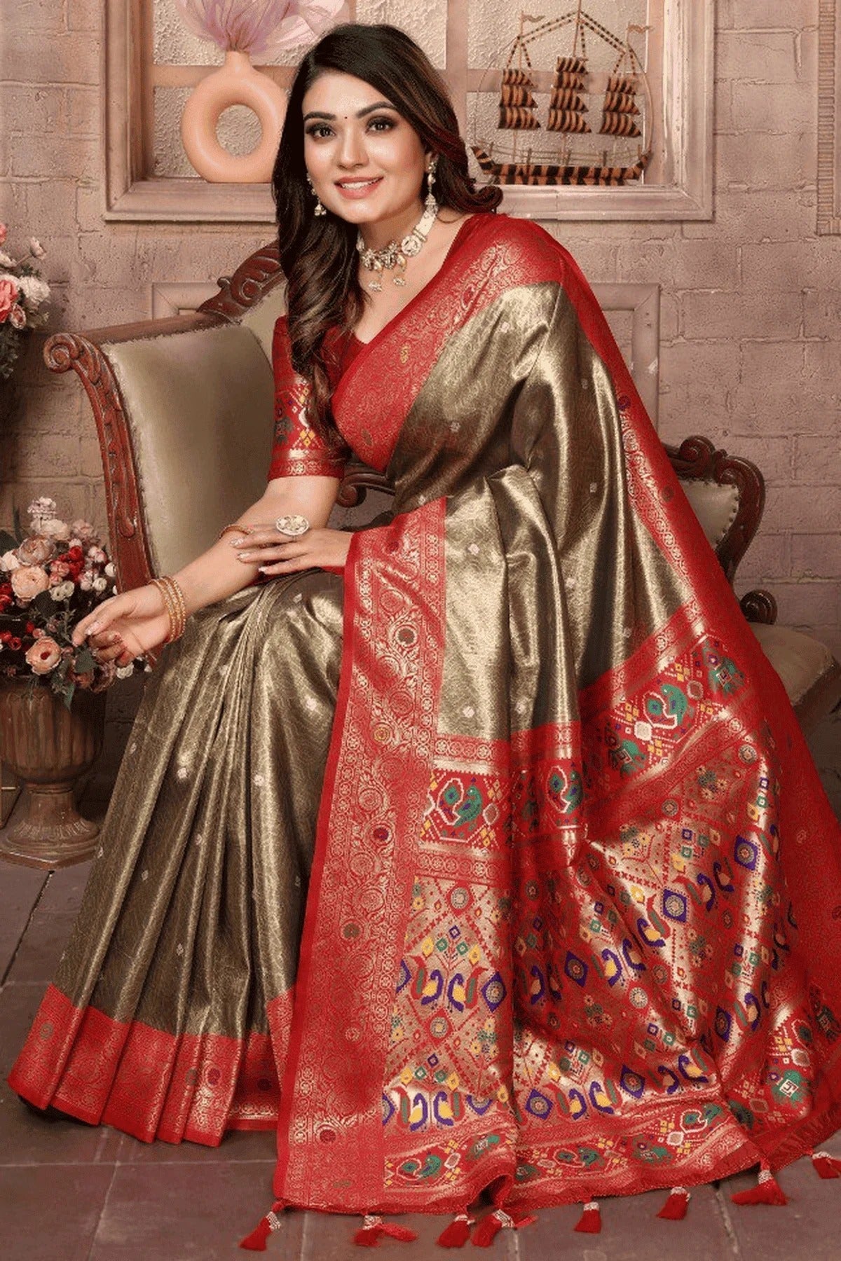 Olive Green Colour Woven Work Pure Banarasi Tissue Silk Traditional Saree SD1250328 A