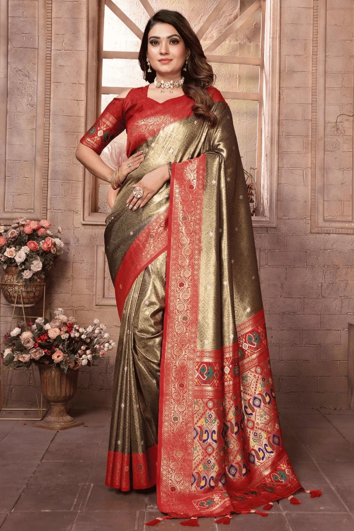 Olive Green Colour Woven Work Pure Banarasi Tissue Silk Traditional Saree SD1250328