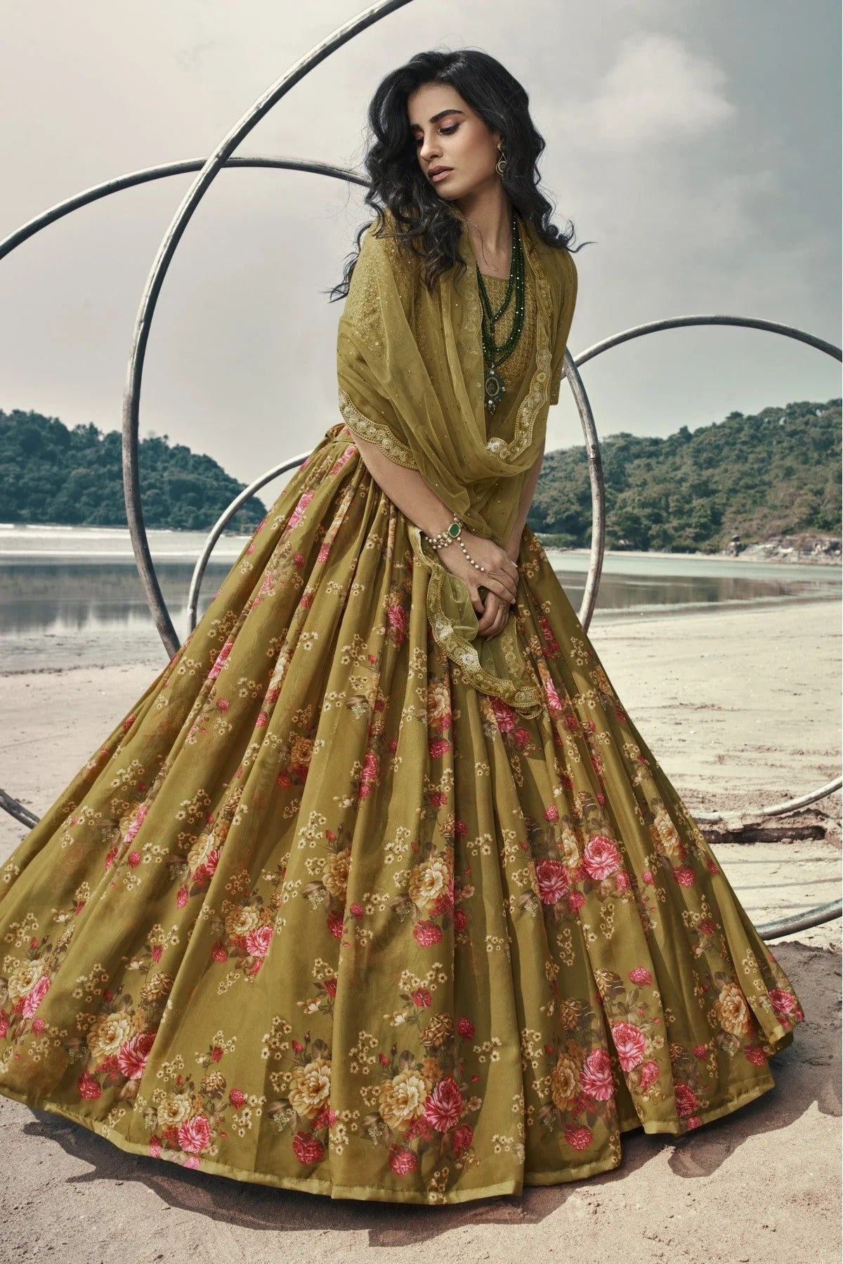 Olive and Green Colour Organza Printed Lehenga Choli LC1080632 A