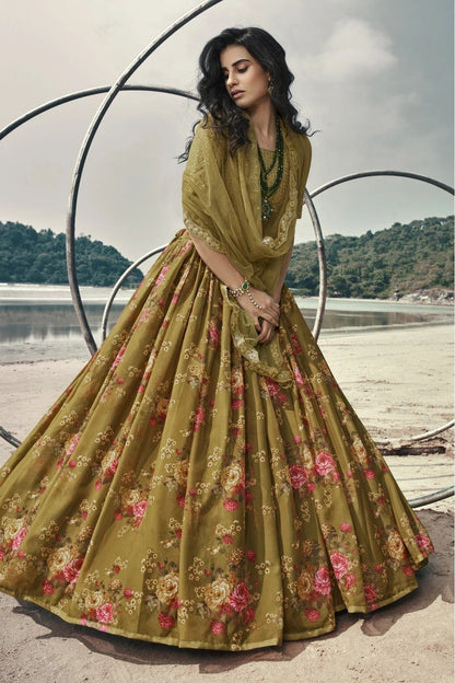 Olive and Green Colour Organza Printed Lehenga Choli LC1080632 A