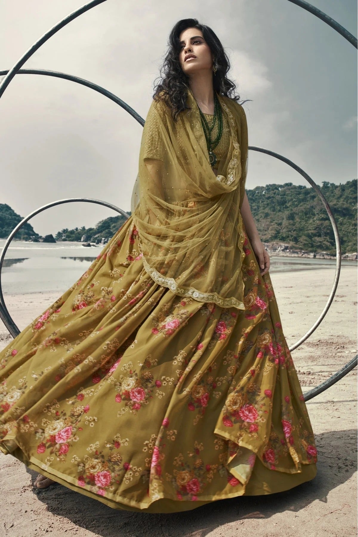 Olive and Green Colour Organza Printed Lehenga Choli LC1080632