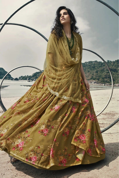 Olive and Green Colour Organza Printed Lehenga Choli LC1080632