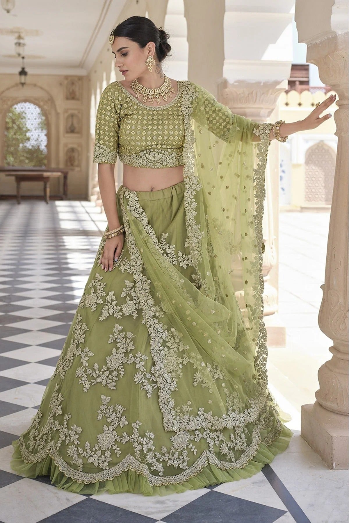 Olive and Green Colour Soft Net Sequins Work Lehenga Choli LC1080584