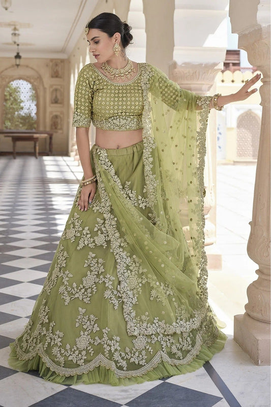 Olive and Green Colour Soft Net Sequins Work Lehenga Choli LC1080584