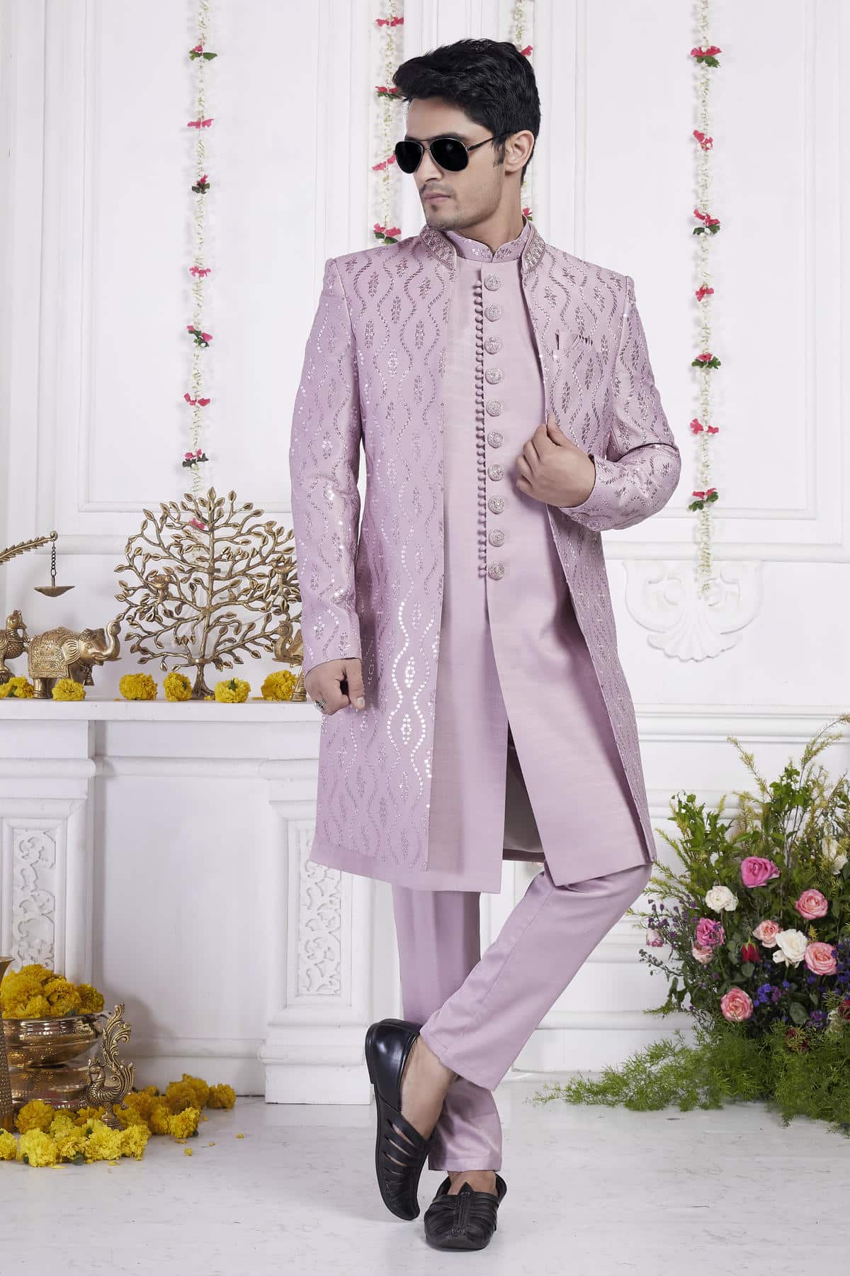 Onion Art Silk Embroidery Work 3 Pcs Jacket Set