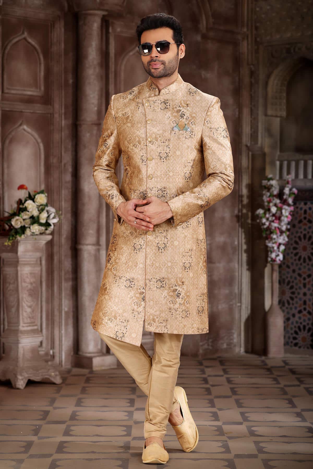 Onion Colour Art Silk Digital Printed Work indo western Sherwani