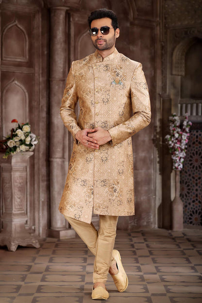 Onion Colour Art Silk Digital Printed Work indo western Sherwani