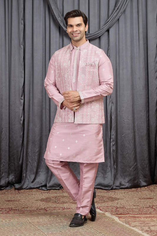 Onion Colour Art Silk Embroidery Work 3 Pcs  Kurta Jacket Set KP1230611