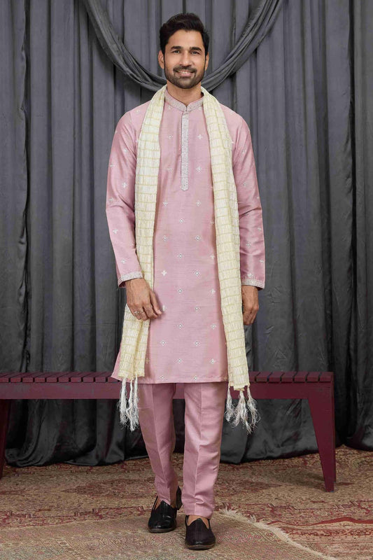Onion Colour Art Silk Embroidery Work Kurta Pajama With Dupatta