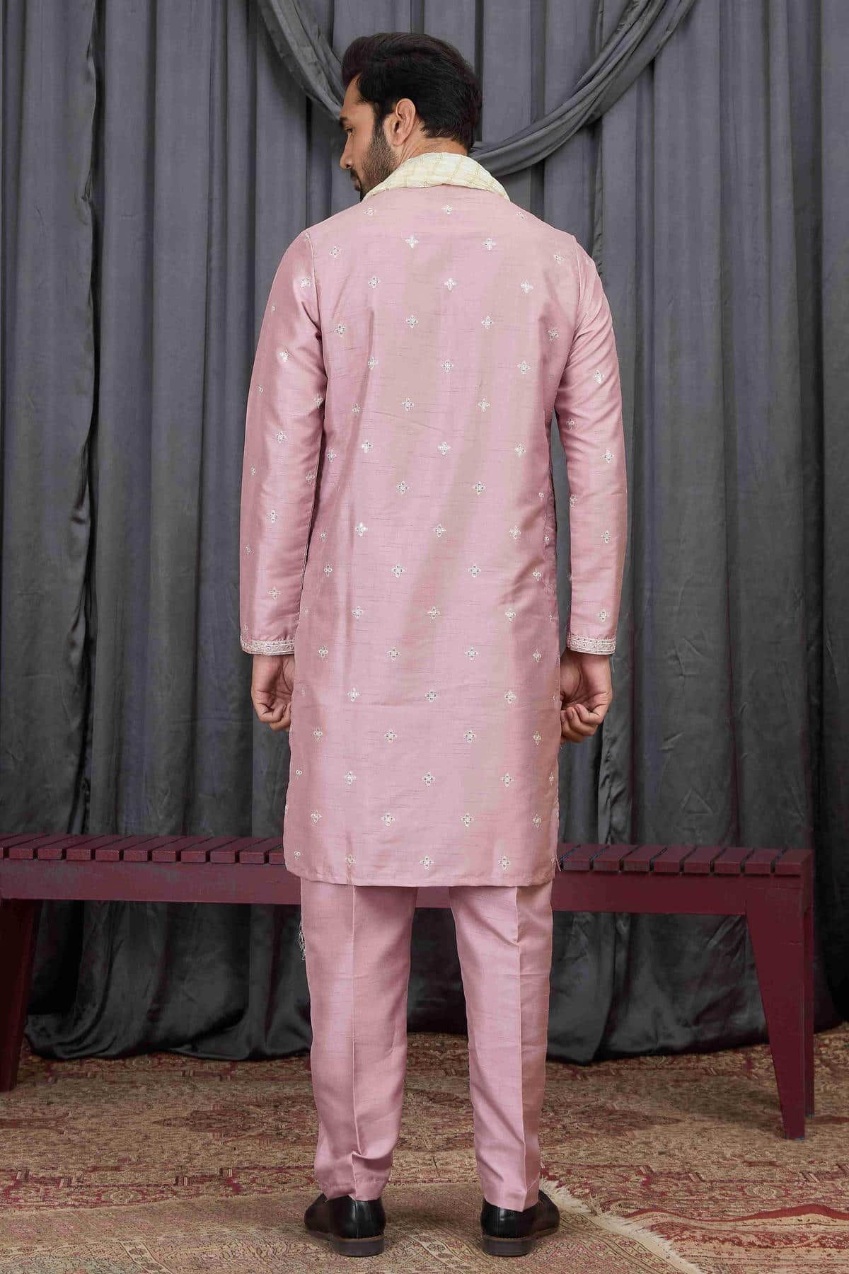 Onion Colour Art Silk Embroidery Work Kurta Pajama With Dupatta