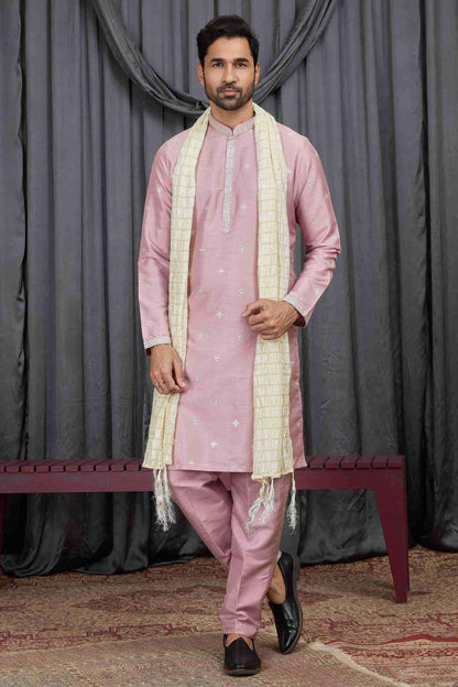 Onion Colour Art Silk Embroidery Work Kurta Pajama With Dupatta