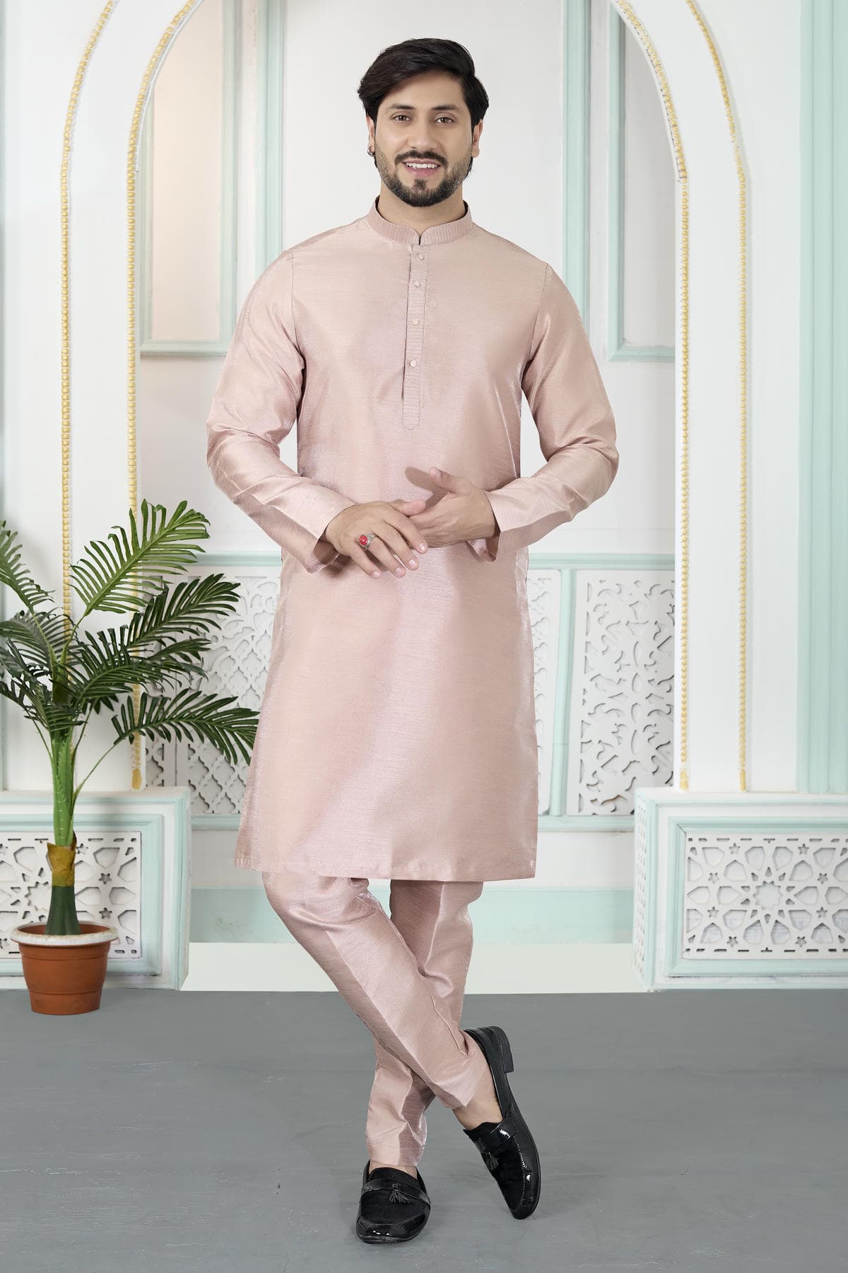 Onion Colour Art Silk Pintux Work Kurta Pajama