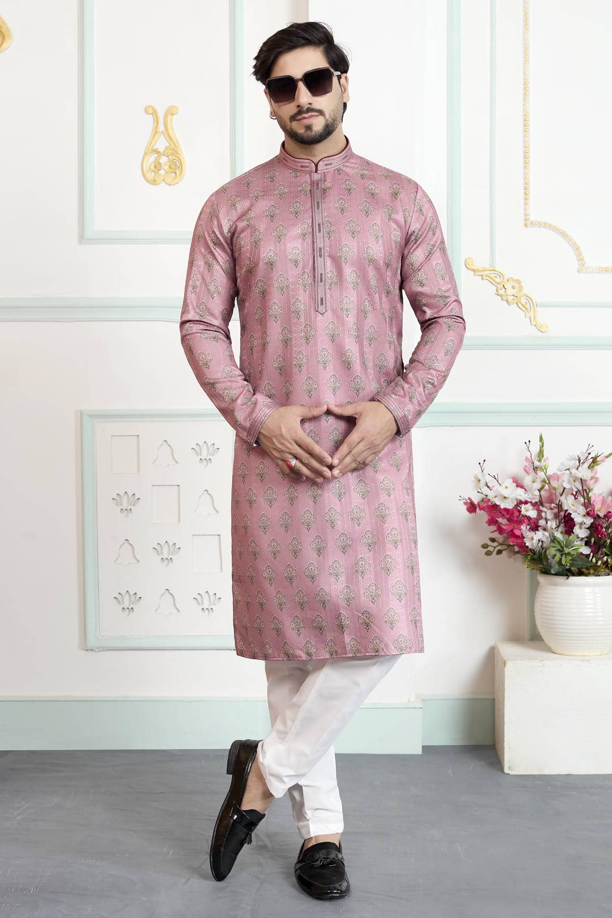 Onion Colour Art Silk Pintux Work Kurta Pajama