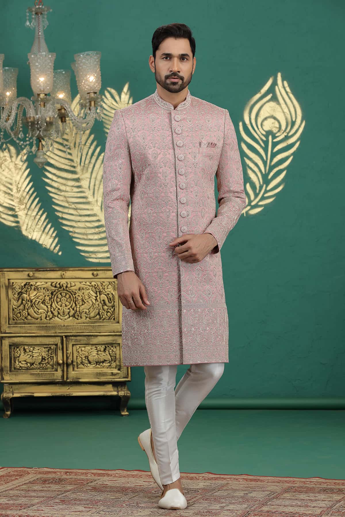Onion Pink Colour Art Silk Embroidery Sherwani
