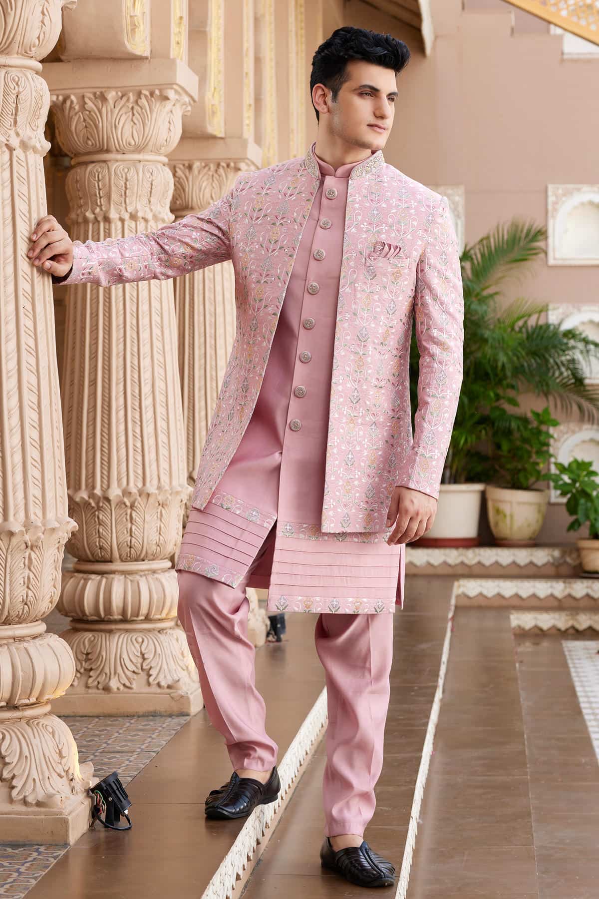 Onion Pink Colour Art Silk Embroidery Work 3 Pcs Indo Western