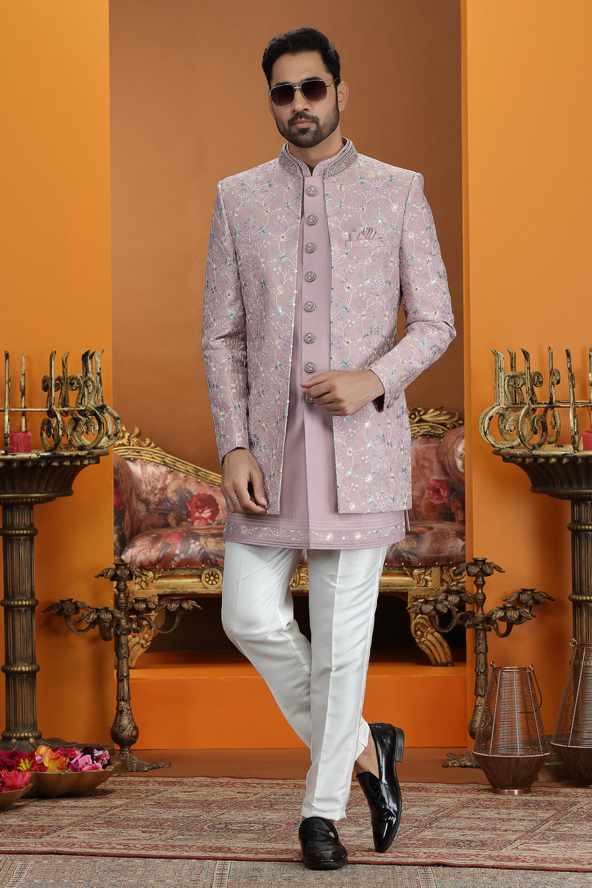 Onion Pink Colour Art Silk Embroidery Work 3 Pcs Jacket Set Sherwani