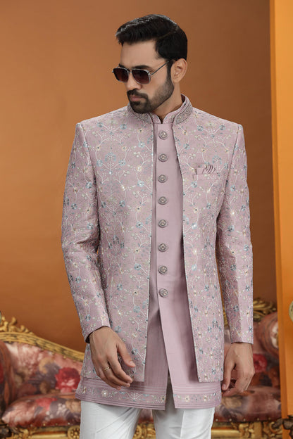 Onion Pink Colour Art Silk Embroidery Work 3 Pcs Jacket Set Sherwani