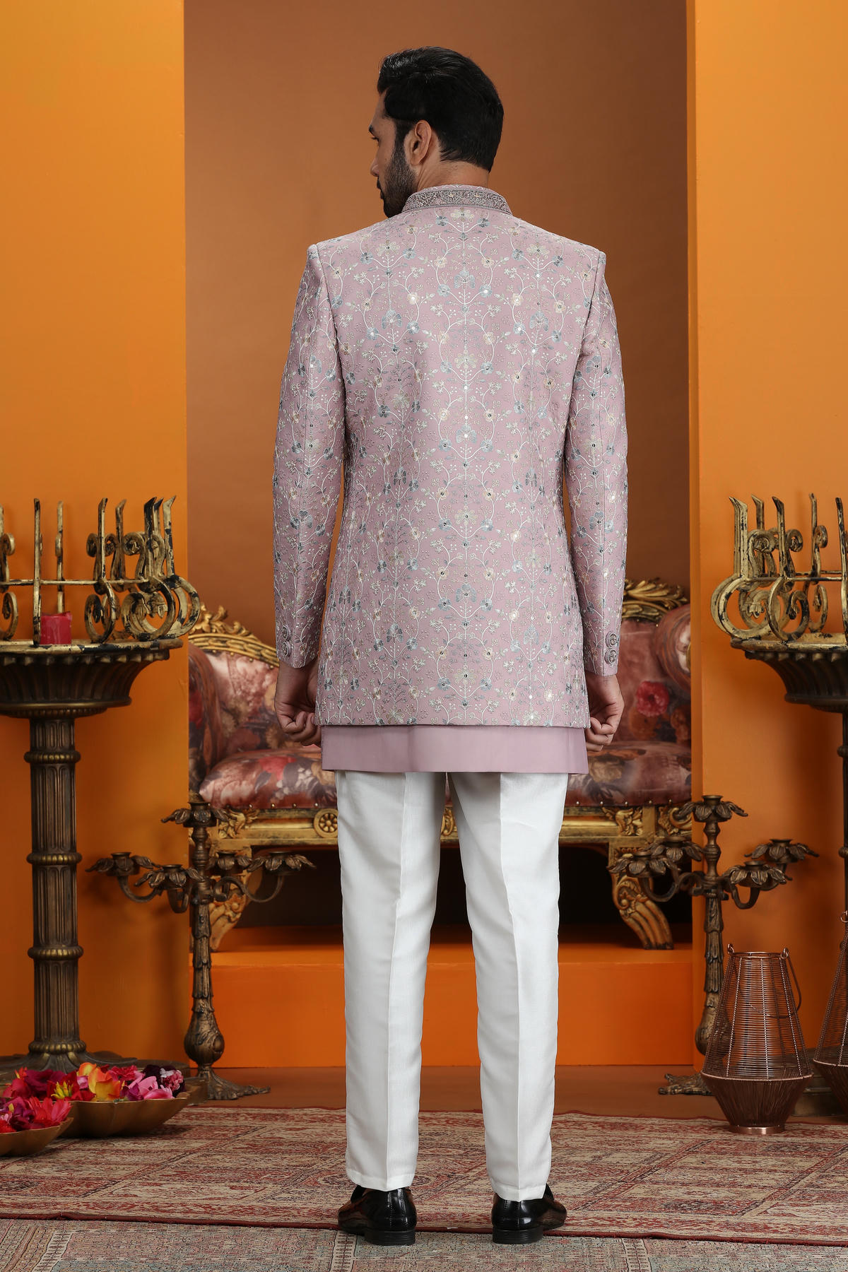 Onion Pink Colour Art Silk Embroidery Work 3 Pcs Jacket Set Sherwani