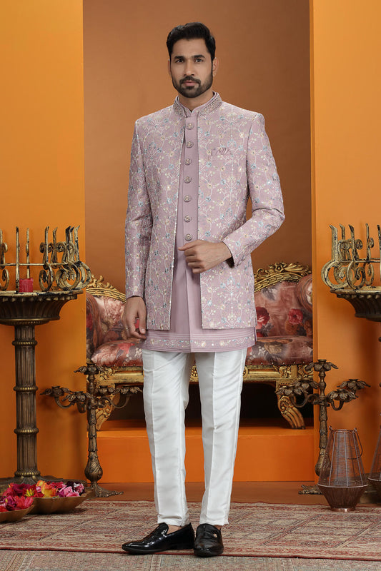 Onion Pink Colour Art Silk Embroidery Work 3 Pcs Jacket Set Sherwani