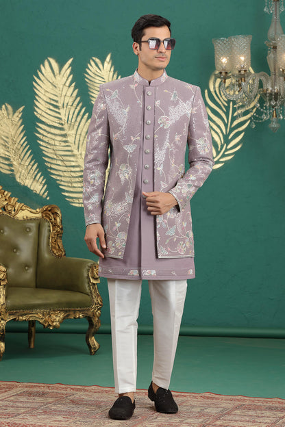 Onion Pink Colour Art Silk Embroidery Work 3 Pcs Jacket Set Sherwani