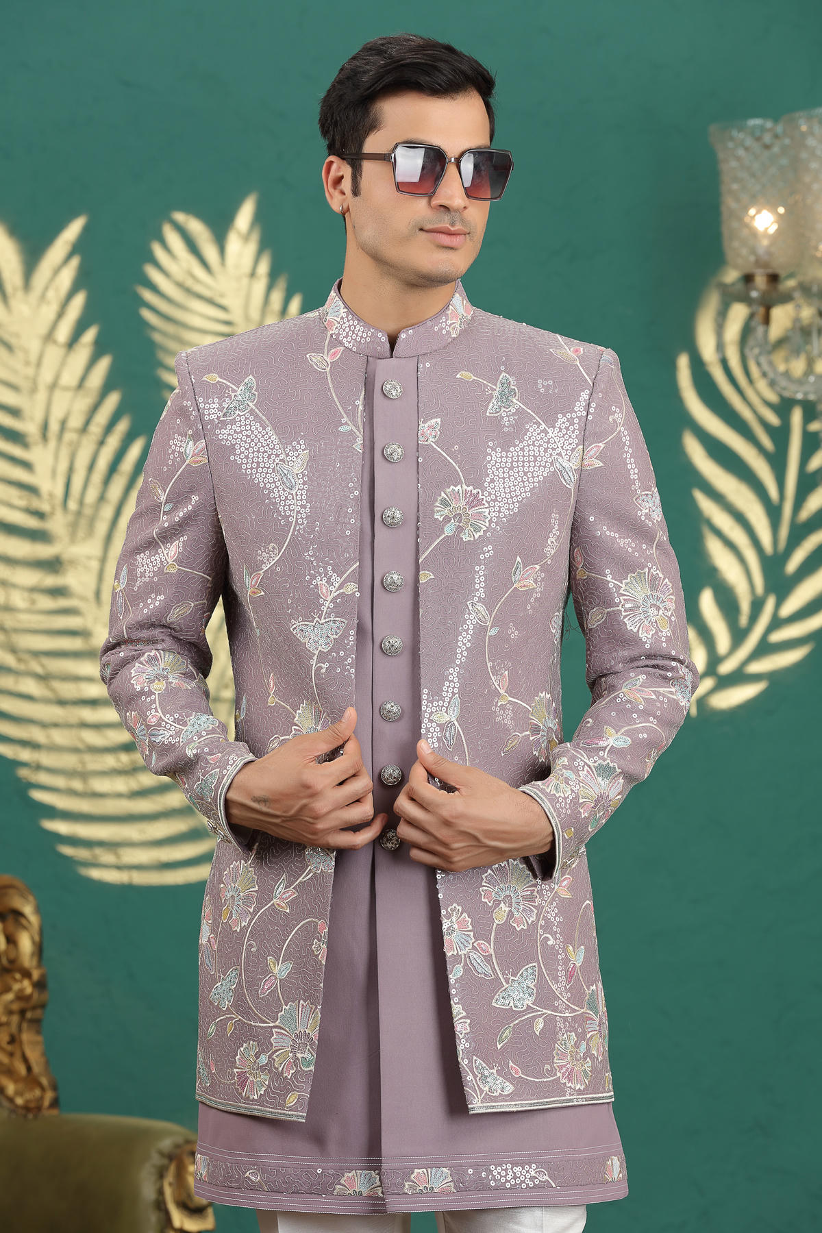 Onion Pink Colour Art Silk Embroidery Work 3 Pcs Jacket Set Sherwani