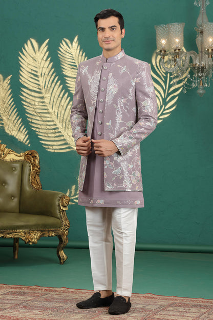 Onion Pink Colour Art Silk Embroidery Work 3 Pcs Jacket Set Sherwani