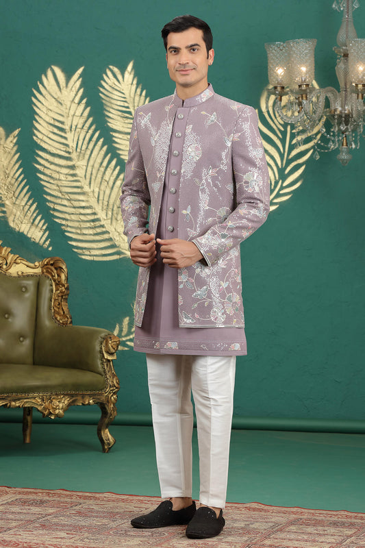 Onion Pink Colour Art Silk Embroidery Work 3 Pcs Jacket Set Sherwani