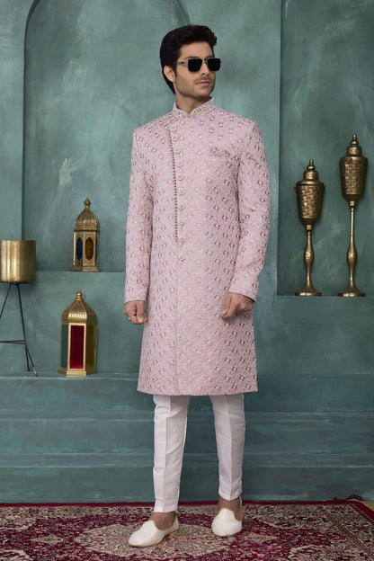 Onion Pink Colour Art Silk Embroidery Work Sherwani