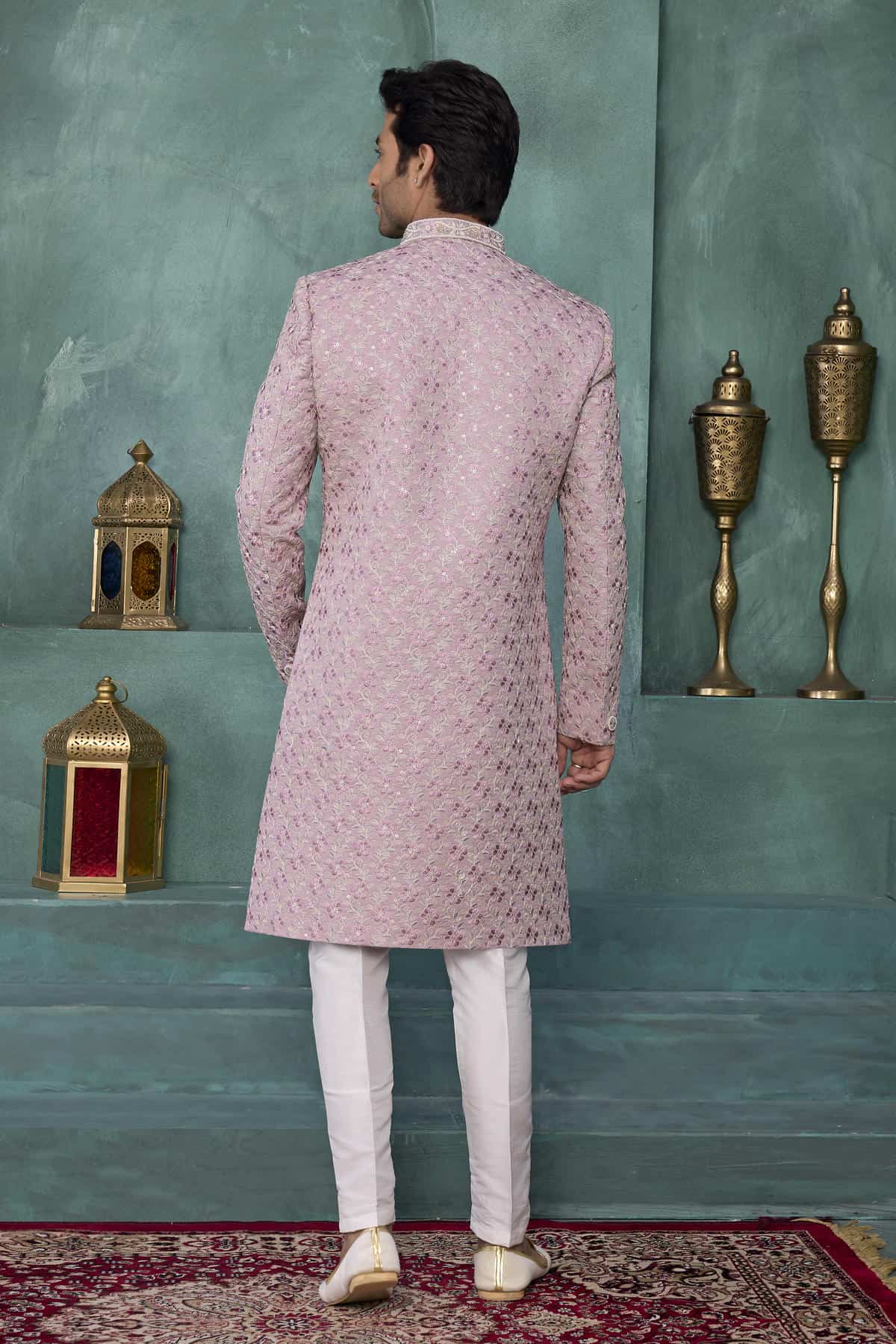 Onion Pink Colour Art Silk Embroidery Work Sherwani