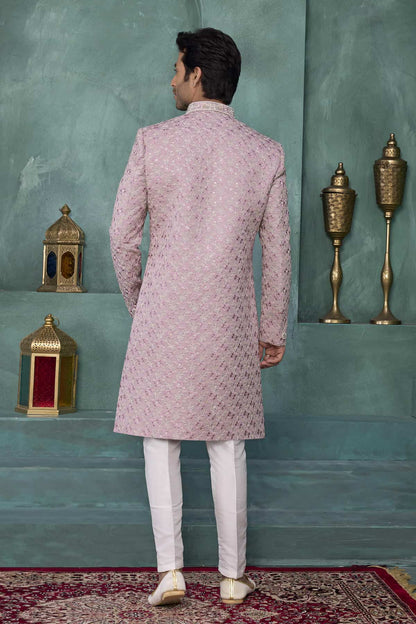 Onion Pink Colour Art Silk Embroidery Work Sherwani