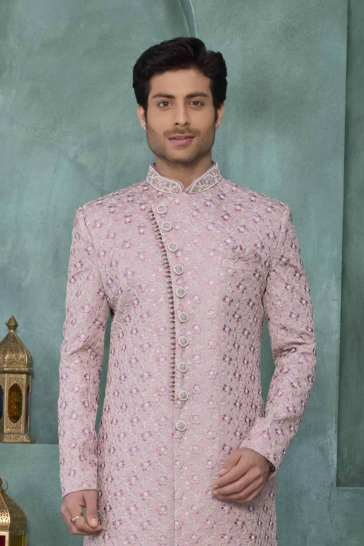 Onion Pink Colour Art Silk Embroidery Work Sherwani