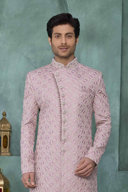 Onion Pink Colour Art Silk Embroidery Work Sherwani