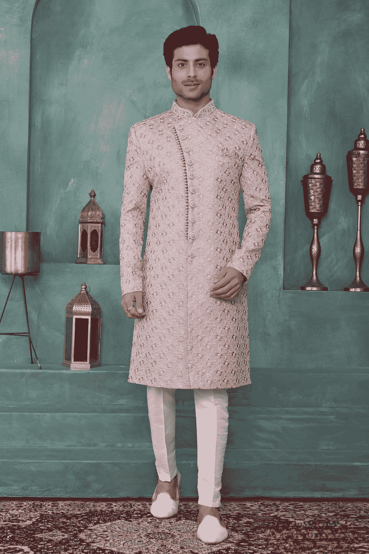 Onion Pink Colour Art Silk Embroidery Work Sherwani