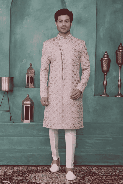 Onion Pink Colour Art Silk Embroidery Work Sherwani